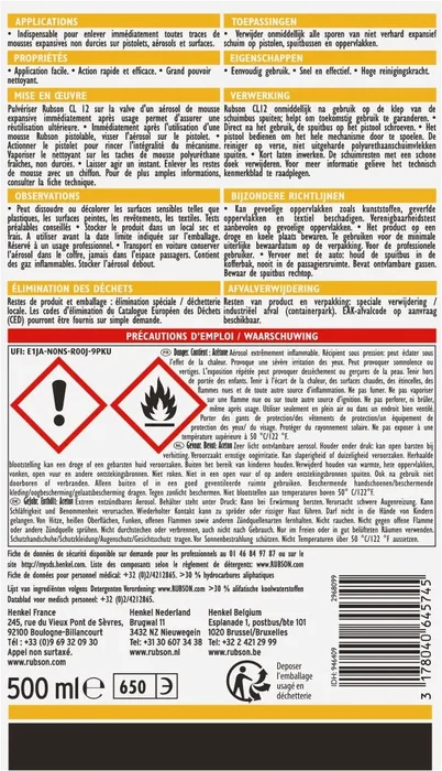Rubson CL12 Aérosol nettoyant mousse expansive - 500 ml - Base acétone pour pistolets et surfaces