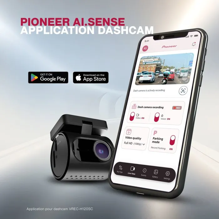 Pioneer VREC-H120SC Dash Cam Noir - Caméra voiture 1,5K (1296p), angle 120°, application ai.sense, format compact