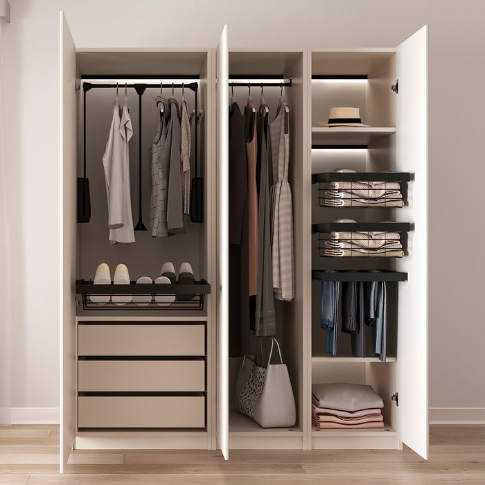 Emuca Penderie rabattable pour armoire Hang, 600 - 830, Peint en noir, Acier et Plastique.