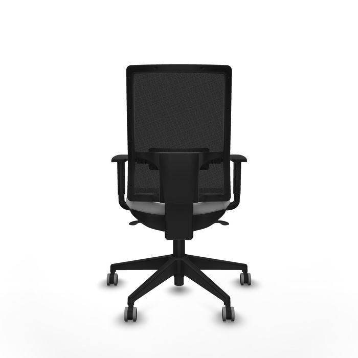 Chaise Horna Synchro 5 positions cuir écologique Gris clair Maille Noir Base pyramidale noire Accoudoir 1D Sans appui-tête Roulettes 65mm pour moquette