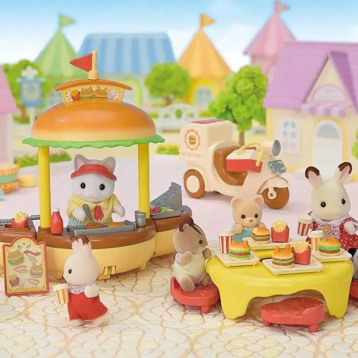 Sylvanian Families Jeu de Restauration Stand de Hamburgers Papa Chat Latté et Scooter - 8302