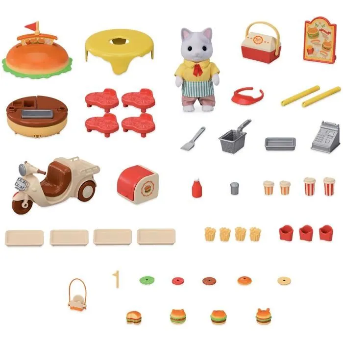 Sylvanian Families Jeu de Restauration Stand de Hamburgers Papa Chat Latté et Scooter - 8302