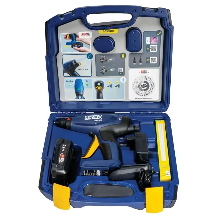 Rapid BGX500 - Pistolet à colle sans fil chaud 18V Ø12mm, coffret avec batterie 2.5Ah, chargeur et 4 bâtons de colle - Pour professionnels et amateurs