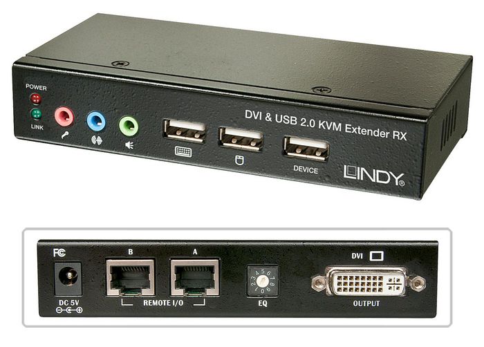 Lindy Extender KVM DVI-D Single Link, USB et Audio, via 2 câbles Cat.6 jusqu'à 50m, Résolution 1920x1200