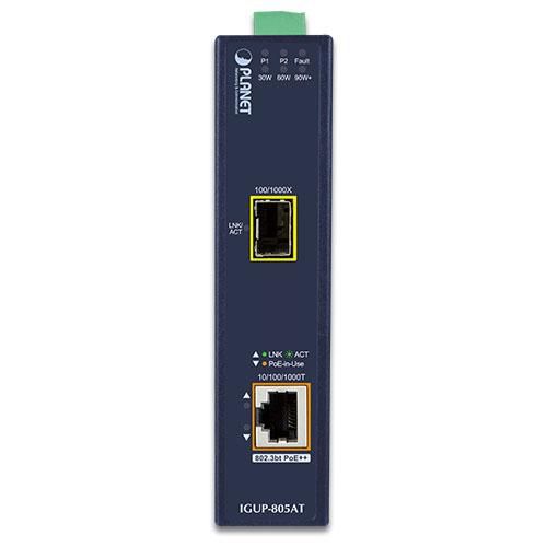 Planet IGUP-805AT Convertisseur de média industriel Gigabit 1 port SFP 1000BASE-X vers 1 port RJ45 10/100/1000BASE-T avec injecteur PoE++ 802.3bt (95W)