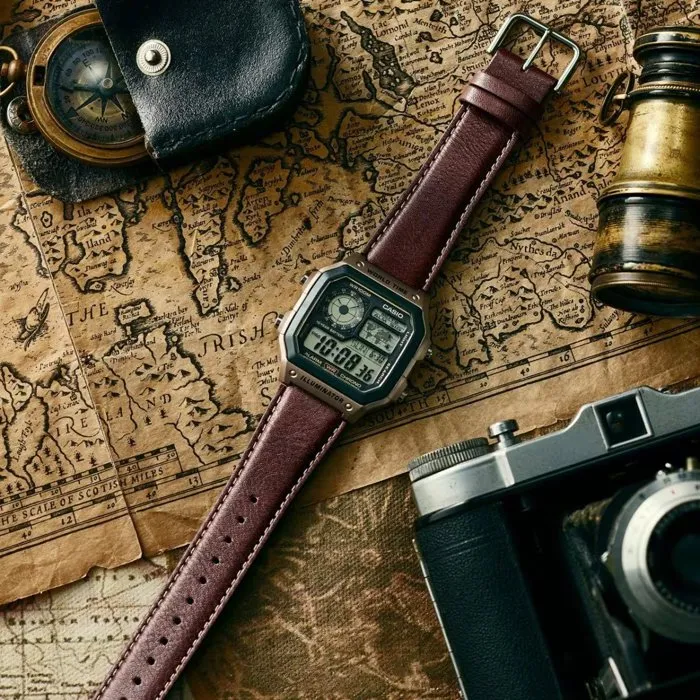 Casio Montre Homme AE-1200WHL - Noire, Étanche 10 Bars, Affichage Digital Rétro, Quartz, Bracelet Cuir, Chronomètre, Alarme
