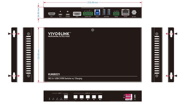 Vivolink Commutateur HDMI 2x1 avec HUB USB 3.0 et USB-C - 4K HDR 60Hz, Audio 7.1, RS232, CEC, 100W PD pour salle de réunion et visioconférence Vivolink Commutateur HDMI 2x1 avec HUB USB 3.0 et USB-C - 4K HDR 60Hz, Audio 7.1, RS232, CEC, 100W PD pour salle de réunion et visioconférence