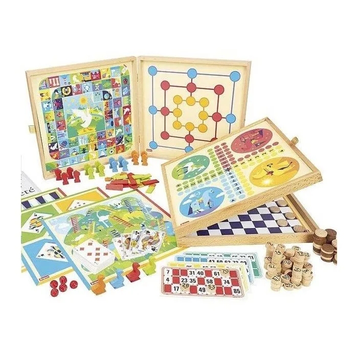 Jeujura Coffret de jeux classiques en bois avec 150 règles - Jeux de l'oie, petits chevaux, dames, solitaire, cartes, 40 pions bois, dés, pour 3 ans et plus