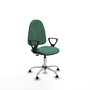 Chaise de bureau Algarra avec mécanisme Contact permanent de base, rembourrée de tissu vert émeraude. Équipée d'une base chromée, d'accoudoirs fixes et de butées