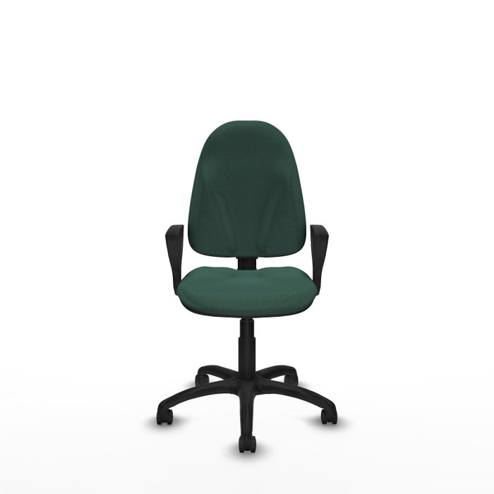 Chaise de bureau Algarra avec mécanisme de contact permanent à double poignée, recouverte de tissu vert bouteille. Équipée d'une base en polyamide noir, d'accoudoirs fixes et de roulettes autobloquantes.