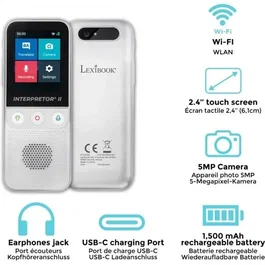 Lexibook Interpretor 2 - Traducteur vocal IA portable, 137 langues en ligne et 14 hors-ligne, appareil photo 5MP, écran tactile 2.4", dictaphone, avec écouteurs, recharge USB-C