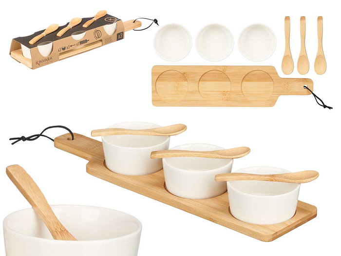Kinvara Set de 3 bols en céramique blanche avec cuillère et plateau en bambou 39 x 6 x 10 cm (Set de 12) Kinvara Set de 3 bols en céramique blanche avec cuillère et plateau en bambou 39 x 6 x 10 cm (Set de 12)