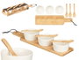 Kinvara Set de 3 bols en céramique blanche avec cuillère et plateau en bambou 39 x 6 x 10 cm (Set de 12)