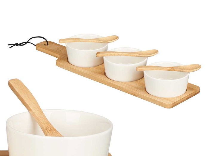 Kinvara Set de 3 bols en céramique blanche avec cuillère et plateau en bambou 39 x 6 x 10 cm (Set de 12) Kinvara Set de 3 bols en céramique blanche avec cuillère et plateau en bambou 39 x 6 x 10 cm (Set de 12)