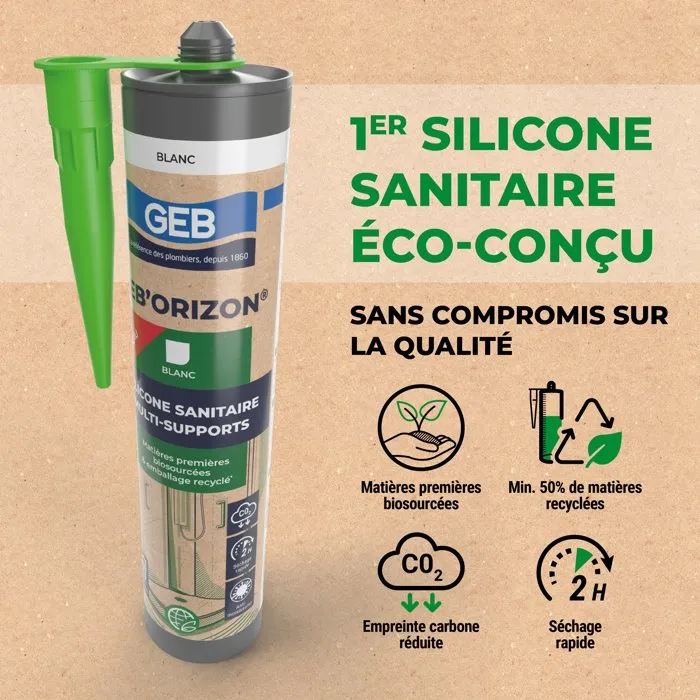 GEB - Silicone sanitaire Multi-supports Blanc GEB'ORIZON - 310 ml - Séchage rapide 2h - Anti-moisissures - Pour joint lavabo, douche, baignoire