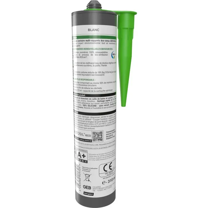 GEB - Silicone sanitaire Multi-supports Blanc GEB'ORIZON - 310 ml - Séchage rapide 2h - Anti-moisissures - Pour joint lavabo, douche, baignoire