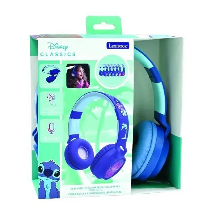 Lexibook - Casque lumineux pour enfants Disney Stitch avec Bluetooth 5.0, micro, pliable et ajustable, son limité à 85 dB - Pour enfant à partir de 4 ans