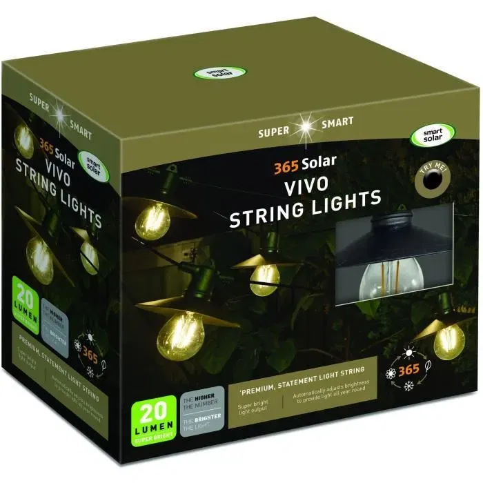 Smart Garden Guirlande solaire LED Vivo 365 SMART SOLAR, 8 ampoules blanc chaud, 5.5m, technologie 365 Solar - éclairage optimisé toute l'année