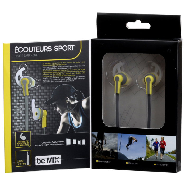 Be Mix Auriculares deporte avec câble plat gris et embouts de rechange