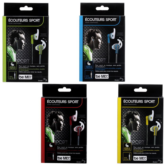 Be Mix Auriculares deporte avec câble plat gris et embouts de rechange