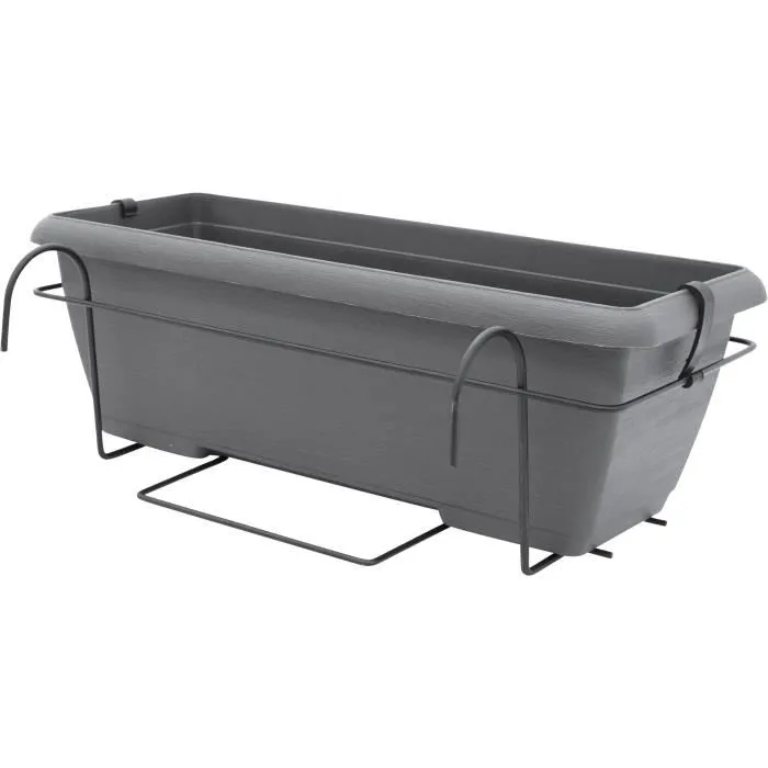 Garden Id Teramo Kit Jardinière avec Support Métal, Plateau Intégré et Auto-Arrosage - Noir Anthracite 50 cm Effet Pierre - 10,5 L Recyclé