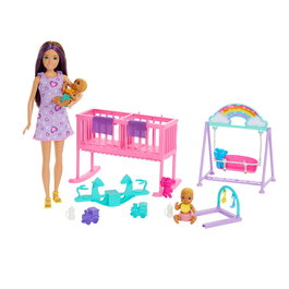Barbie - Poupée Skipper Set Soins aux Bébés Jumeaux avec Cabanon, Cune à Bercer, Balancelle, Mobile et Accessoires, Réf HXM99