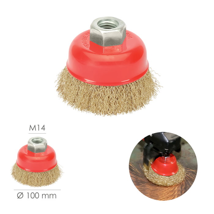 WOLFPACK LINEA PROFESIONAL Cepillo de type tasse en acier laitonné, Ø 100 mm, M14 WOLFPACK LINEA PROFESIONAL Cepillo de type tasse en acier laitonné, Ø 100 mm, M14