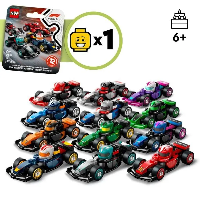 Lego 71049 Boîte de 36 Minifigures Voitures de Course F1 à Collectionner - Série Complète de 6 Ans et Plus
