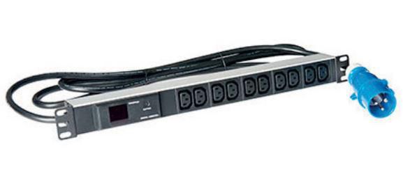 Lanview - Bande d'alimentation pour rack 19" 1U avec ampèremètre - 10 prises C13, câble 3m, prise Commando 16A