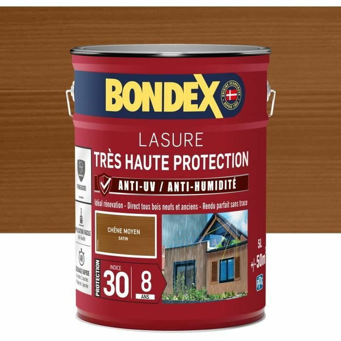 Bondex Lasure Très Haute Protection 8 ans, Chêne Moyen, Satin, 5L
