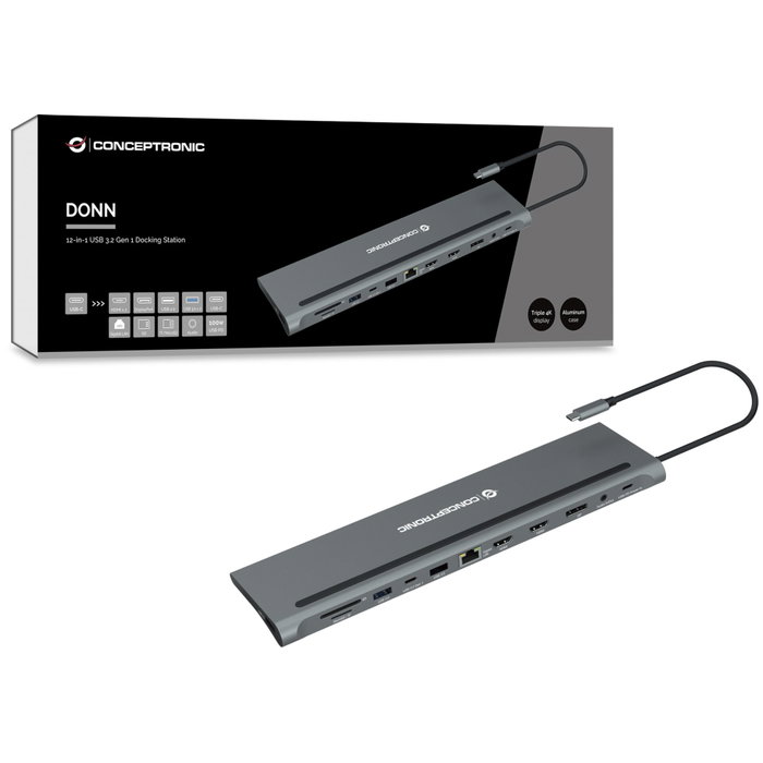 Conceptronic DONN17G Station d'accueil 12-en-1 USB-C Gris Conceptronic DONN17G Station d'accueil 12-en-1 USB-C Gris