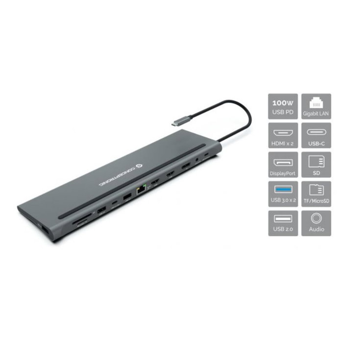 Conceptronic DONN17G Station d'accueil USB-C 12 en 1 USB 3.2 Gen 1 HDMI DisplayPort PD 100W GbE Noir Conceptronic DONN17G Station d'accueil USB-C 12 en 1 USB 3.2 Gen 1 HDMI DisplayPort PD 100W GbE Noir