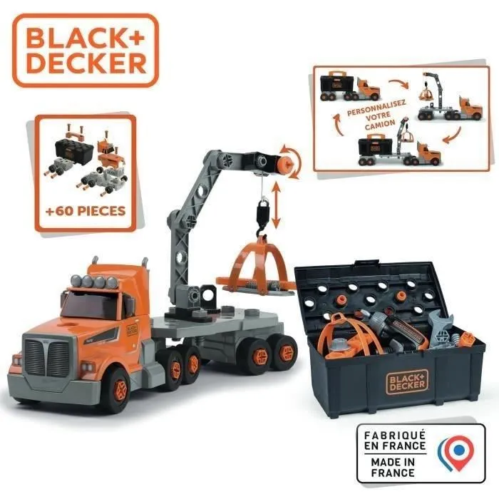 Smoby Camion Bricolo Black+Decker avec Visseuse Mécanique, 60 Accessoires, Rangement dans Remorque, Jeu de Construction pour Enfant dès 3 Ans