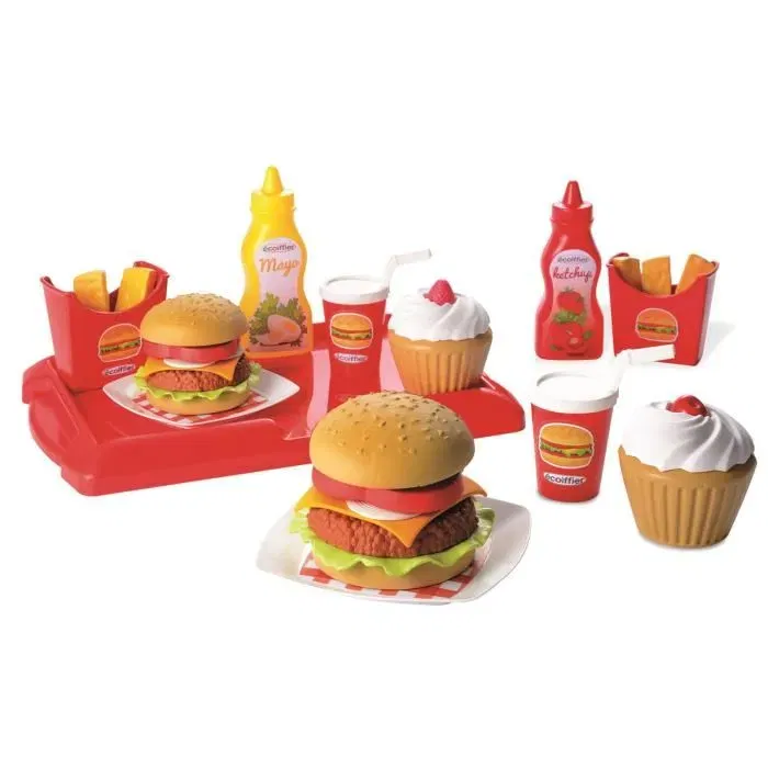 Ecoiffier - Set Chef Hamburger, Cuisine Jouet pour Enfants avec Plateau, Burgers, Frites, Sodas, Cupcakes, Reproduction Fidèle d'Ustensiles, Jeu d'Imitation, Fabriqué en France