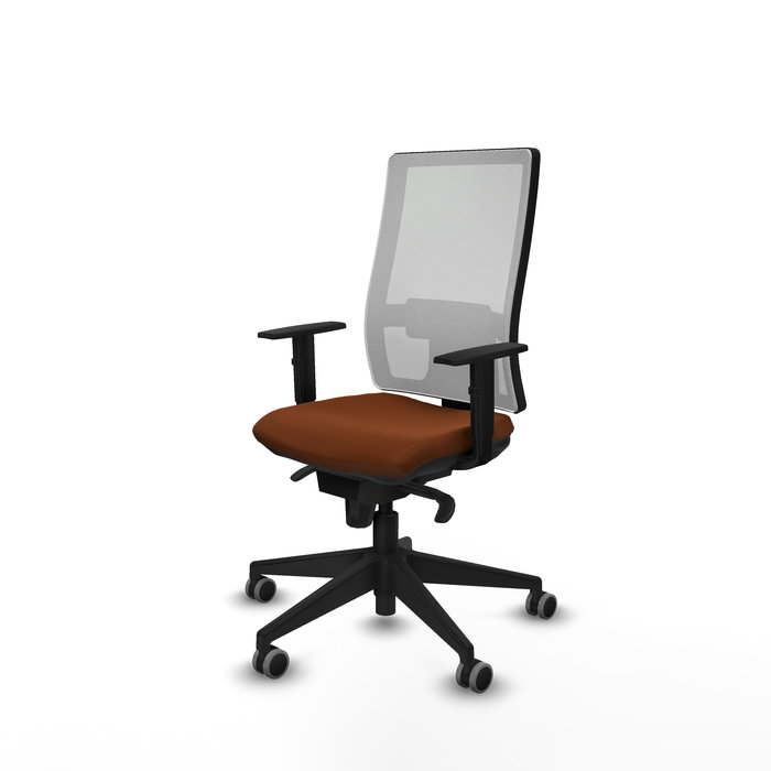 Chaise Horna Synchro 5 positions cuir écologique Marron Maille Blanc Base pyramidale noire Accoudoir 1D Sans appui-tête Roulettes 65mm pour moquette