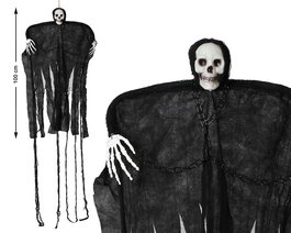 Décor Squelette Suspendu à Capuche Noire et Rubans Rouges 100 cm - Décoration Effrayante pour Halloween
