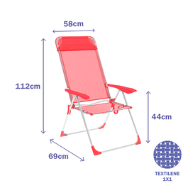Marbueno 10360 Silla Plegable 5 Posiciones Aluminio con Cojín Coral Playa y Piscina 69x58x110 cm