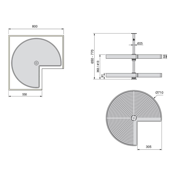 Emuca jeu de plateaux rotatifs Shelvo 3/4, pour module de 800mm, plastique et aluminium, Gris