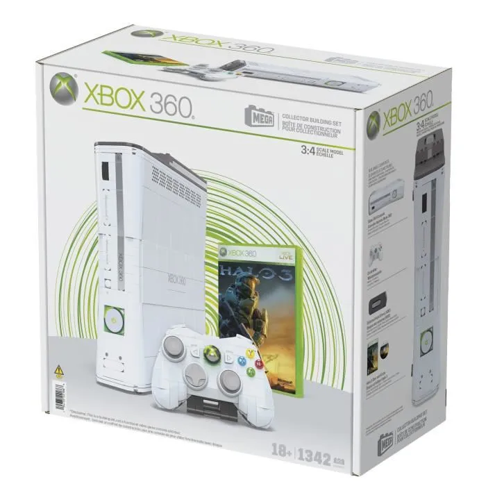 MEGA - Coffret de Construction Maquette Xbox 360 - 1342 Pièces avec Manette LED et Disque Dur Amovible - Réplique Interactive pour Adultes