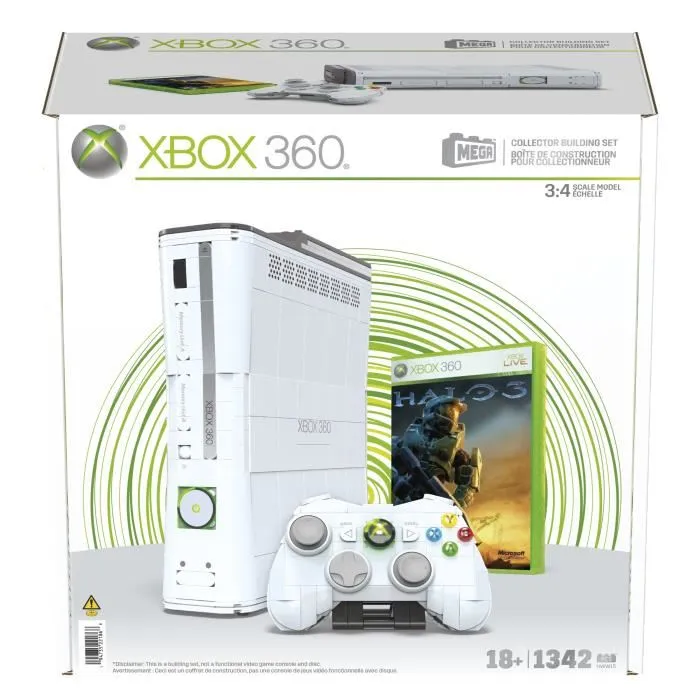 MEGA - Coffret de Construction Maquette Xbox 360 - 1342 Pièces avec Manette LED et Disque Dur Amovible - Réplique Interactive pour Adultes