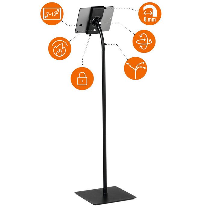 Durable Support tablette sur pied TOUGH FLOOR, bras flexible, antivol, rotation 360°, pour tablettes de 7 à 13 pouces, bureau, bâtiments publics, télétravail Durable Support tablette sur pied TOUGH FLOOR, bras flexible, antivol, rotation 360°, pour tablettes de 7 à 13 pouces, bureau, bâtiments publics, télétravail