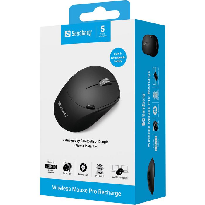 Sandberg Souris sans fil Pro rechargeable avec connexion Bluetooth et dongle USB, 6 boutons programmables Sandberg Souris sans fil Pro rechargeable avec connexion Bluetooth et dongle USB, 6 boutons programmables