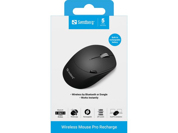 Sandberg Souris sans fil Pro rechargeable avec connexion Bluetooth et dongle USB, 6 boutons programmables Sandberg Souris sans fil Pro rechargeable avec connexion Bluetooth et dongle USB, 6 boutons programmables