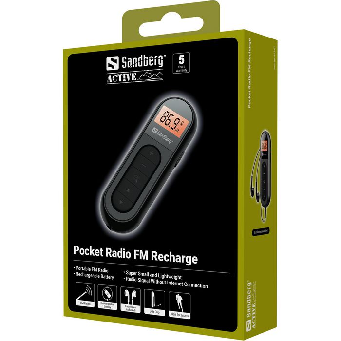Sandberg Pocket Radio - Radio FM de poche rechargeable, ultra-compacte avec écouteurs, idéale pour le sport et l'urgence