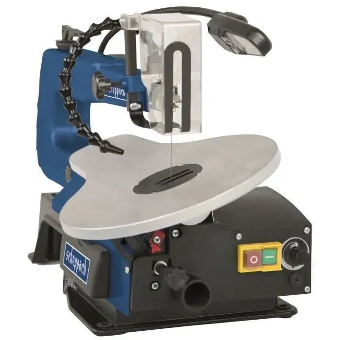 Scheppach SD1600V Scie à chantourner, Hauteur de coupe 50 mm, Profondeur 406 mm, Vitesse variable 500-1700 min-1, Table inclinable, Éclairage LED, Soufflette, Coffret
