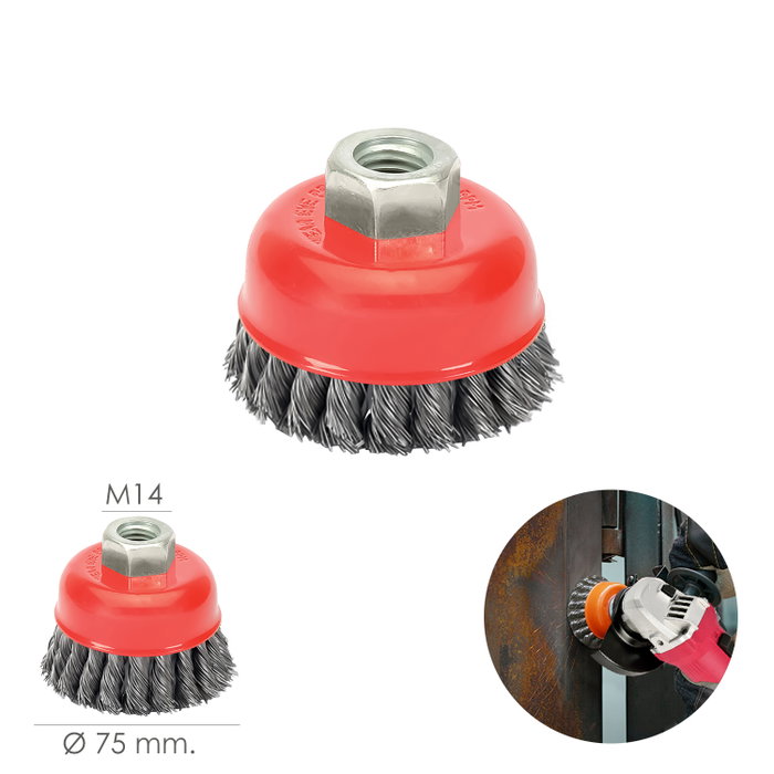 WOLFPACK LINEA PROFESIONAL Brosse en coupelle en acier tressé Ø 75 mm M14