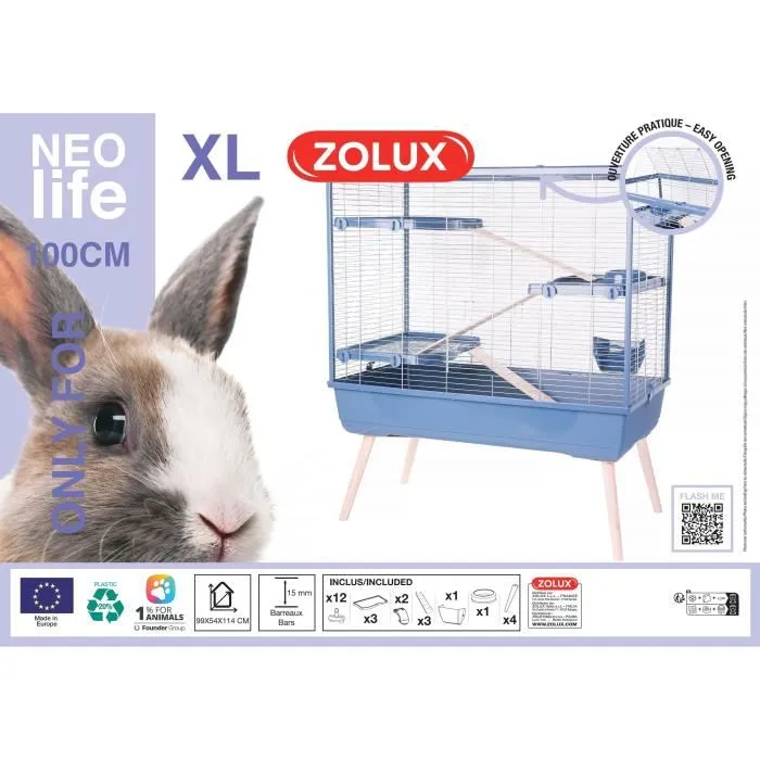 Zolux Cage Néolife 3 étages pour lapin, 99 x 54 x 114 cm, surélevée, pieds en bois, bleu - 20% plastique recyclé