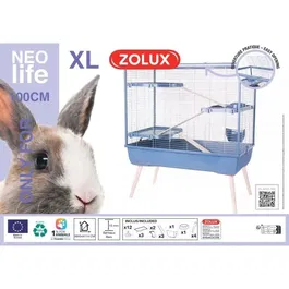 Zolux Cage Néolife 3 étages pour lapin, 99 x 54 x 114 cm, surélevée, pieds en bois, bleu - 20% plastique recyclé
