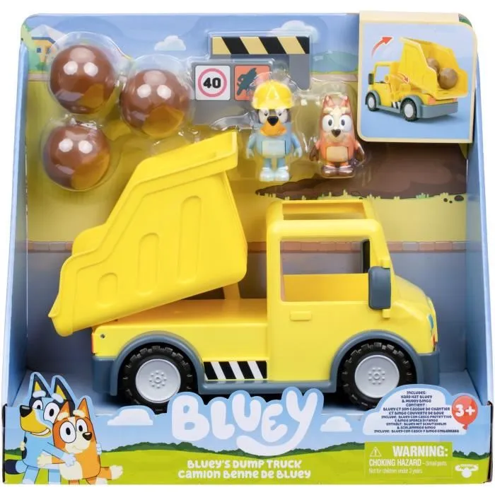 Bluey - Figurine Camion Benne avec Bluey et Bingo en tenue de chantier, Accessoires Rocher et Autocollants Personnalisables