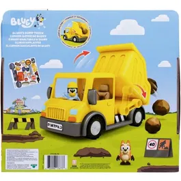 Bluey - Figurine Camion Benne avec Bluey et Bingo en tenue de chantier, Accessoires Rocher et Autocollants Personnalisables